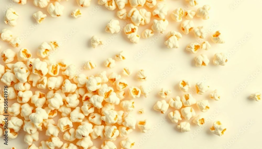 A scattering of popcorn kernels, various sizes and textures, against a pure white background, light, healthy A scattering of popcorn kernels, various sizes and textures, against a pure white background, light, healthy