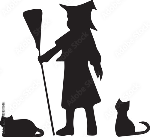 Silhouette of Witch with Broomstick Surrounded by Feline Companions on Halloween Night Depicts Classic Spooky Season Imagery