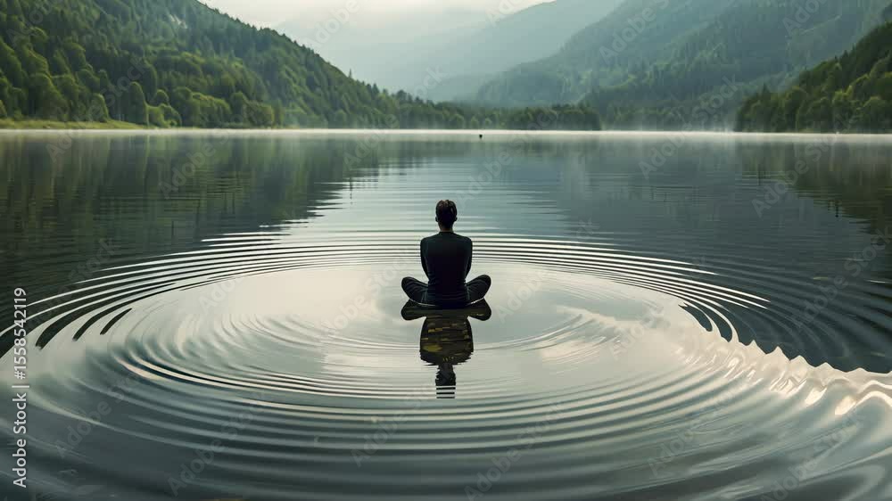 Person practices ripple visualization technique seated in serene mountain lake, letting negative thoughts dissolve outward