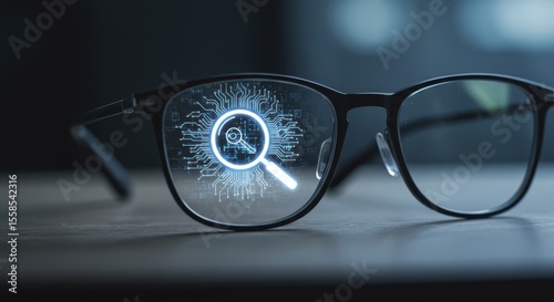 Glasses with Magnifying Glass Icon Displayed on Lens, Technology Enhanced Eye-Wear, High-Tech Optical Device for Advanced Vision Analysis