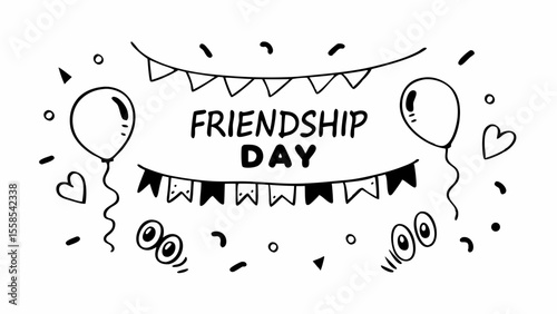 Celebration of friendship day with balloons, banners, confetti and hearts in doodle style drawing art created with generated ai