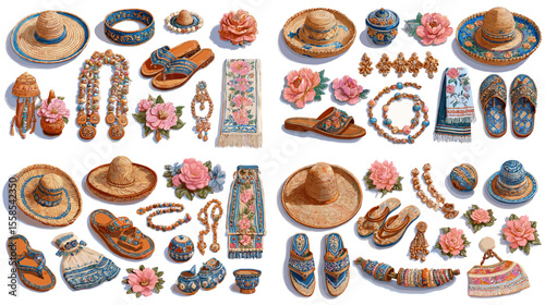 Watercolor illustration of traditional woven accessories, hats, and sandals with floral patterns, perfect for cultural fashion, handmade crafts, and bohemian style design.

