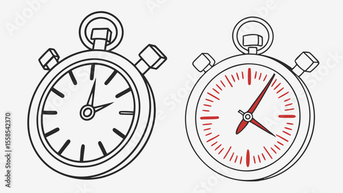 Two outlined stopwatches one with black details and one with red details on a white background created with generated ai