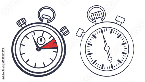 Two outlined stopwatches one with red section indicating time passing and knobs on top and side created with generated ai