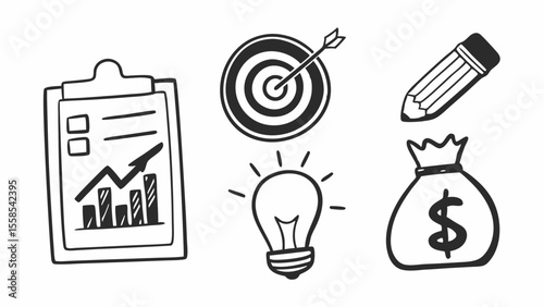 Hand drawn business icons including chart, target, lightbulb, pencil and money bag vector illustration created with generated ai