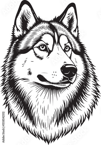 Loyal Gaze: A striking monochrome illustration of a husky dog's head, showcasing its piercing eyes and distinctive features in a detailed, artistic style.