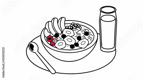 Illustration of a bowl of oatmeal with fruit, a spoon, and a glass of milk on a round placemat created with generated ai