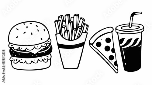 Black and white line art of a burger fries pizza slice and soda cup food items in a doodle style created with generated ai