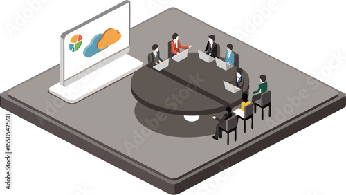 Isometric view of a business meeting with presentation screen and round table with attendees present