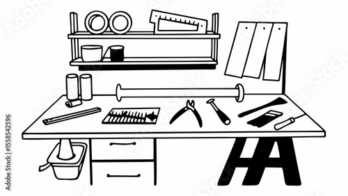 Illustration of a workbench with tools and materials in a workshop environment setting up for work created with generated ai