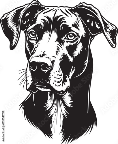 Dog's Introspection: A detailed black and white illustration of a canine's face, showcasing depth and character in the animal's stare.