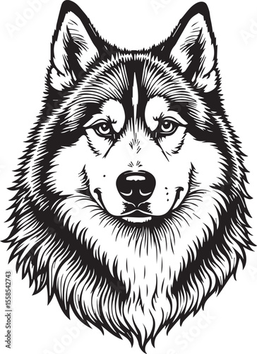 Loyal Gaze: An artistic portrayal of a majestic Siberian Husky, its piercing eyes and expressive features captured in detailed grayscale lines.