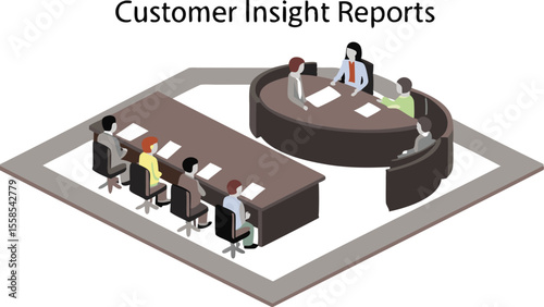 Isometric view of a business meeting with people sitting at tables discussing reports and insights data