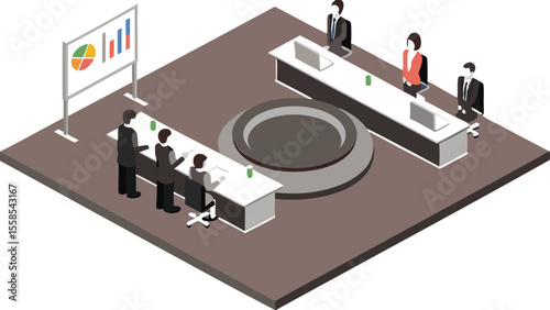 Isometric view of a conference room with people sitting at tables and a presentation board displayed upfront