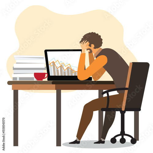 Overwork, Office Routine, Depressed Corporate Worker, Student Sitting in Chair Cartoon Character. Stressed Businessman Overloaded with Paperwork. Tired Man Working Overtime. Flat Vector Illustration.