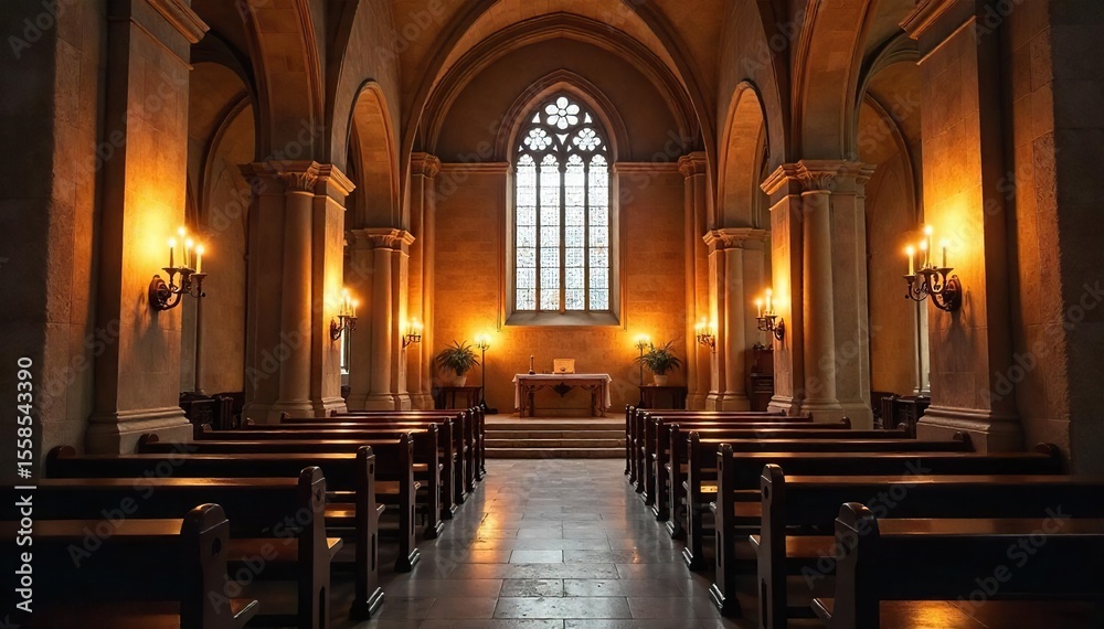 Fototapeta premium Serene Church Interior Warm Candlelight Illuminates Aged Stone Walls, Casting Gentle Shadows - Perfect for Peaceful, Religious, or Spiritual Themes