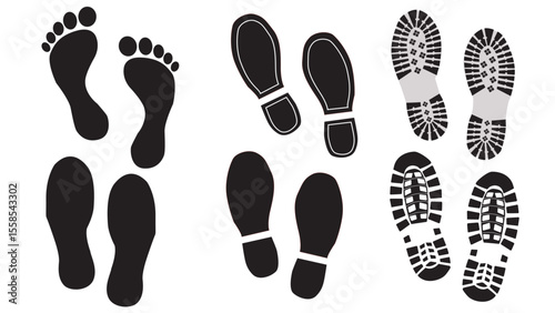Foot print vector illustration set with shoes bare feet and boot print
