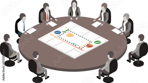 Group of people sitting around a round table with a board game on it in a business meeting setting