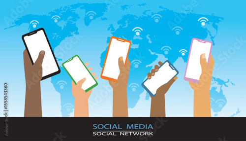 Social network concept. hands with smartphones of many colors. vector, illustration