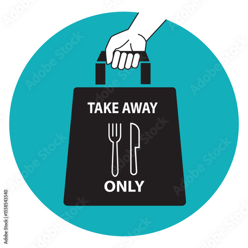 Take away food  icon. Hand and paper bag sign. Takeaway only service vector symbol.