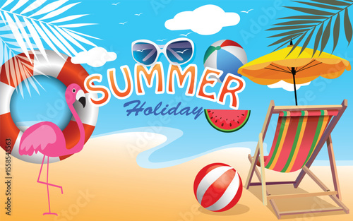 Vector illustration flat style summer holiday background. Good sunny day. Deck chair and beach umbrella on the sand coast. holiday concept.