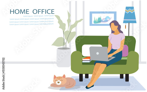 Work from home concept. Happy woman sitting on sofa with laptop. Can use for backgrounds, infographics, images. Flat style modern vector illustration.