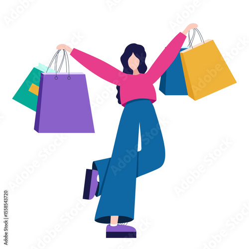 Happy excited fashionable woman holding packages with clothes.