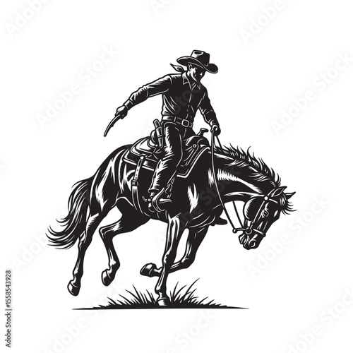 Vector of black and white illustration of a cowboy riding a bucking wild horse.