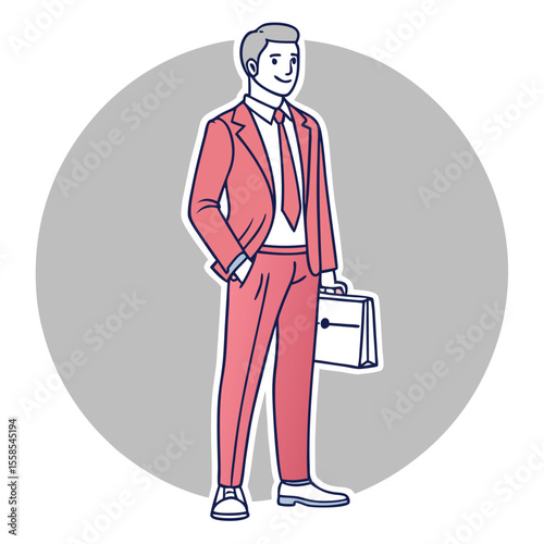 Man in Pink Suit Holding Briefcase Grey Background Illustration