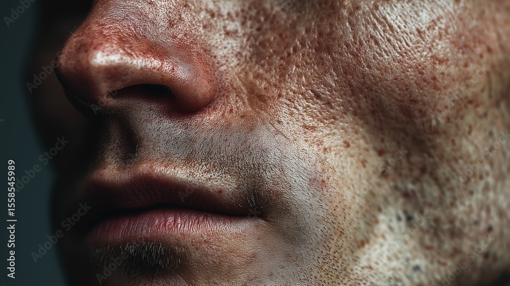 Fototapeta premium Cosmetic procedures. Close-up of a textured face showcasing skin details and features.