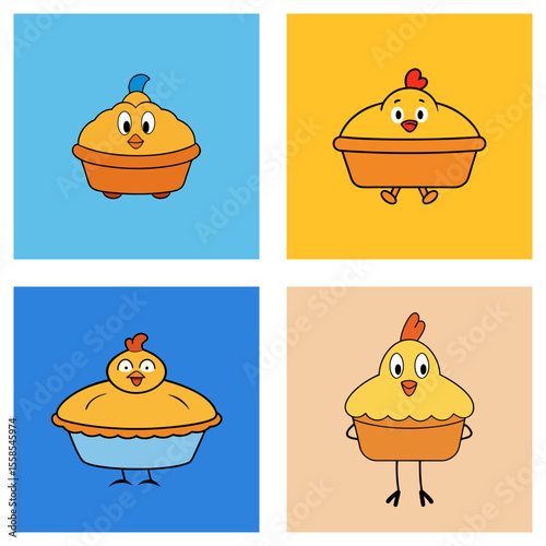 Four cartoon chickens in pie crusts with different background colors in a square arrangement image