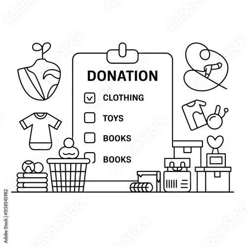 A black and white vector donation checklist page with icons for clothing, toys, and books