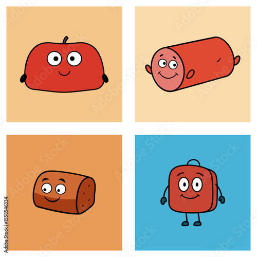 Four cartoon food characters with eyes and smiles on square backgrounds in a grid arrangement