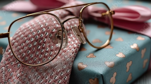 Father's Day concept with gift, tie, glasses, and hearts on blue background
