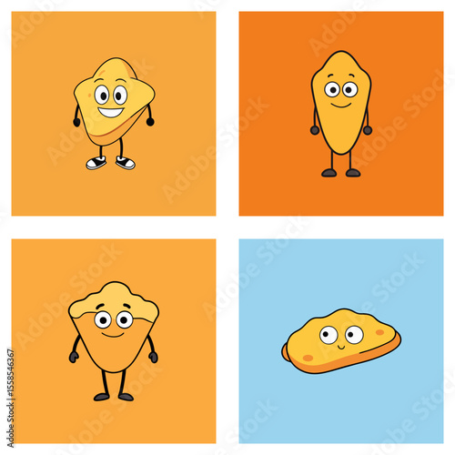 Four panels showing cartoon pastries with faces and limbs on orange and blue backgrounds smiling sweetly