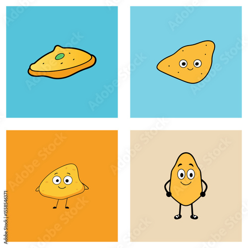 Four panels showing cartoon nachos with different backgrounds and expressions in a grid format design
