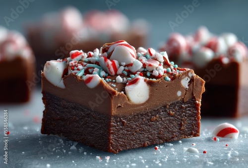 Decadent Chocolate Brownie with Peppermint Toppings Surrounded by Winter Themed Treats Perfect for Holiday Celebrations and Festive Gatherings