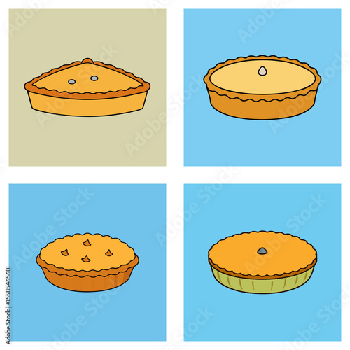 Four square illustrations of pies with different toppings and crusts on contrasting backgrounds shown
