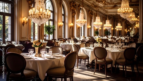 Elegant Ballroom Luxury dining tables set with chandeliers with ready for event.