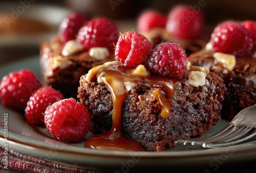 Decadent Chocolate Brownies Topped with Fresh Raspberries and Drizzled Caramel Sauce on a Plate with Rustic Background