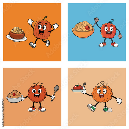 Cartoon fruit characters with spaghetti and tomato dishes in a four panel grid illustration