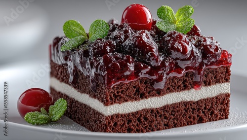 Decadent Chocolate Cake Slice Topped with Cherry Glaze and Fresh Mint Leaves Served on Elegant Plate for Dessert Indulgence