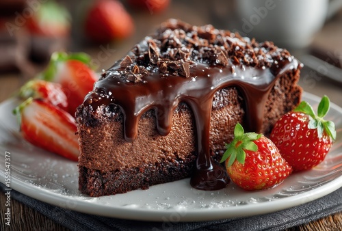 Decadent chocolate cake slice topped with creamy chocolate ganache, fresh strawberries, and sprinkled chocolate shavings on a wooden table
