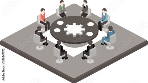Isometric view of business people sitting around a round table with gear in the center for a meeting