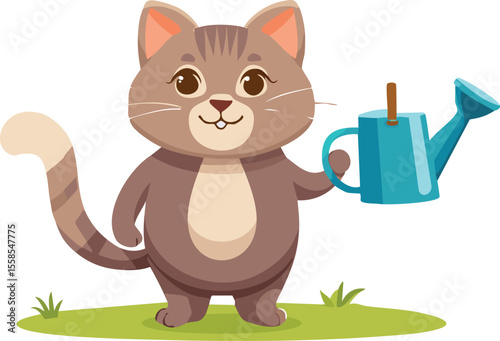 Helpful Cat Holding a Watering Can and Tending to Plants