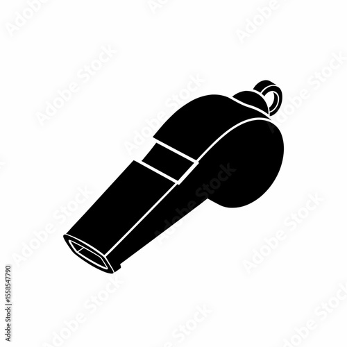 This high-quality EPS vector graphic features a minimalist black whistle silhouette with a mouthpiece, cylindrical body, loop, and slit, emphasizing sound, sports, and clean design.