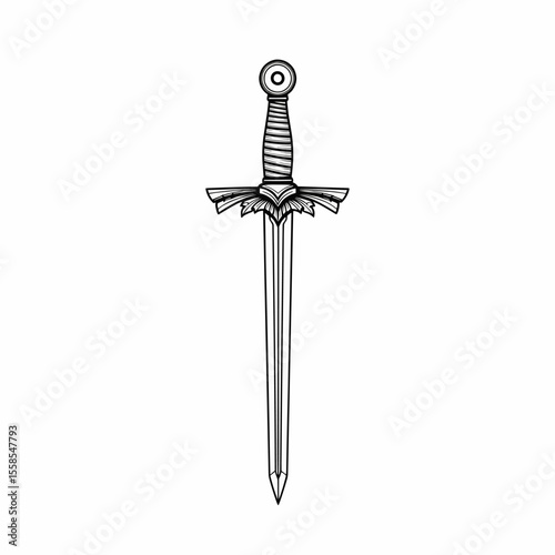 This high-quality EPS vector graphic features a minimalist black silhouette medieval sword with a circular pommel, ridged grip, decorative crossguard, and tapered blade, 
