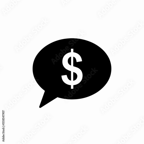 This high-quality EPS vector graphic features a minimalist black silhouette speech bubble with a triangular pointer and centered dollar sign, emphasizing financial communication and clean design.