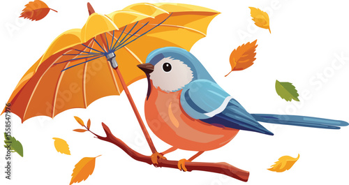 Bird Sheltering Under a Twig Used as an Umbrella