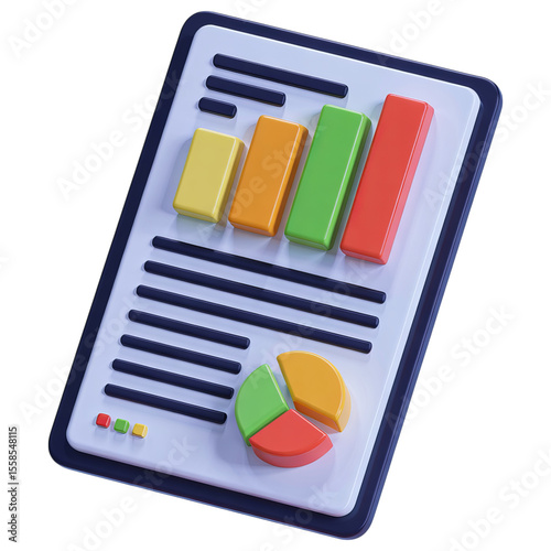 3d rendered business report with bar chart and pie chart on a transparent background isolated on transparent background